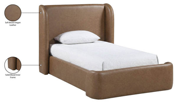 Meridian Furniture Warby Twin Platform Bed Winged Headboard Vegan Leather Upholstered Frame Modern Bedroom Brown WarbyBrown-T