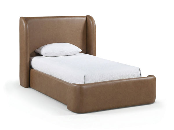 Meridian Furniture Warby Twin Platform Bed Winged Headboard Vegan Leather Upholstered Frame Modern Bedroom Brown WarbyBrown-T