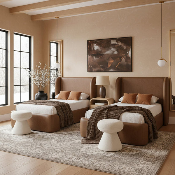 Meridian Furniture Warby Twin Platform Bed Winged Headboard Vegan Leather Upholstered Frame Modern Bedroom Brown WarbyBrown-T