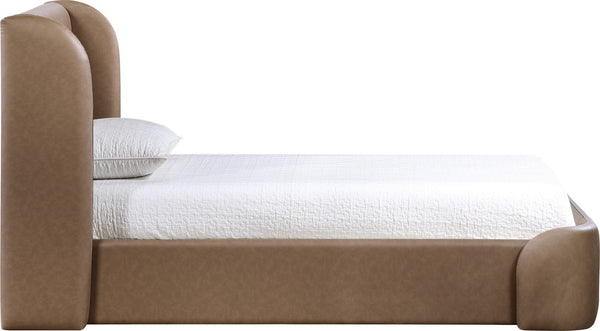 Meridian Furniture Warby Twin Platform Bed Winged Headboard Vegan Leather Upholstered Frame Modern Bedroom Brown WarbyBrown-T