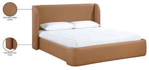 Meridian Furniture Warby Queen Platform Bed Winged Headboard Vegan Leather Upholstered Modern Bedroom Frame Cognac WarbyCognac-Q