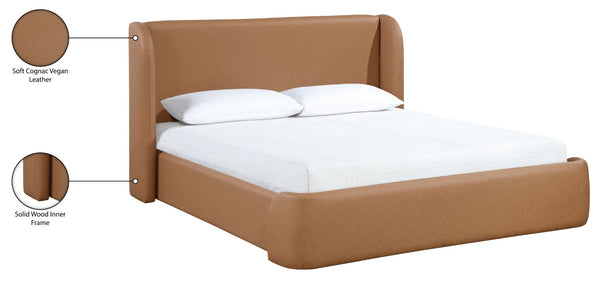Meridian Furniture Warby Queen Platform Bed Winged Headboard Vegan Leather Upholstered Modern Bedroom Frame Cognac WarbyCognac-Q