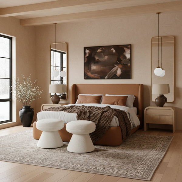Meridian Furniture Warby Queen Platform Bed Winged Headboard Vegan Leather Upholstered Modern Bedroom Frame Cognac WarbyCognac-Q