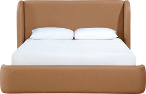 Meridian Furniture Warby Queen Platform Bed Winged Headboard Vegan Leather Upholstered Modern Bedroom Frame Cognac WarbyCognac-Q