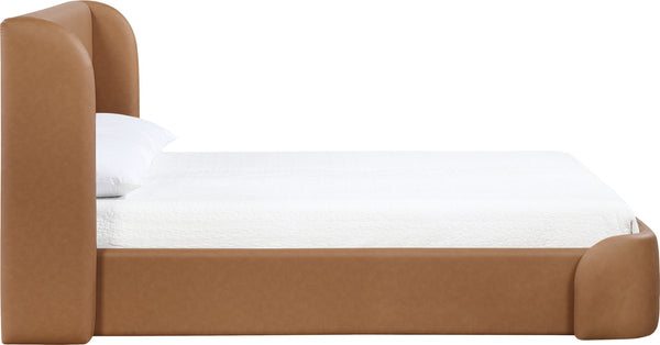 Meridian Furniture Warby Queen Platform Bed Winged Headboard Vegan Leather Upholstered Modern Bedroom Frame Cognac WarbyCognac-Q
