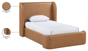 Meridian Furniture Warby Twin Platform Bed Winged Headboard Vegan Leather Upholstered Frame Modern Bedroom Cognac WarbyCognac-T