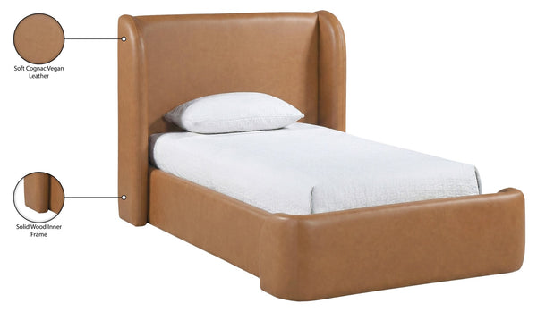 Meridian Furniture Warby Twin Platform Bed Winged Headboard Vegan Leather Upholstered Frame Modern Bedroom Cognac WarbyCognac-T
