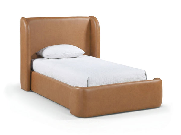 Meridian Furniture Warby Twin Platform Bed Winged Headboard Vegan Leather Upholstered Frame Modern Bedroom Cognac WarbyCognac-T