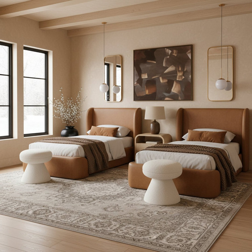 Meridian Furniture Warby Twin Platform Bed Winged Headboard Vegan Leather Upholstered Frame Modern Bedroom Cognac WarbyCognac-T