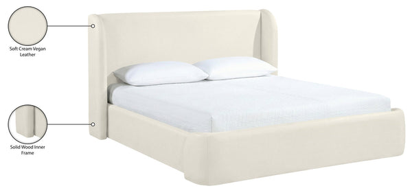 Meridian Furniture Warby Winged Headboard Vegan Leather Platform Full Bed for Modern Contemporary Bedrooms Cream WarbyCream-F