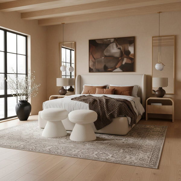 Meridian Furniture Warby Winged Headboard Vegan Leather Platform Full Bed for Modern Contemporary Bedrooms Cream WarbyCream-F