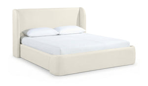 Meridian Furniture Warby Queen Platform Bed Winged Headboard Vegan Leather Upholstered Modern Bedroom Frame Cream WarbyCream-Q