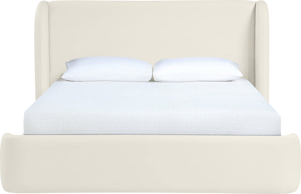 Meridian Furniture Warby Queen Platform Bed Winged Headboard Vegan Leather Upholstered Modern Bedroom Frame Cream WarbyCream-Q