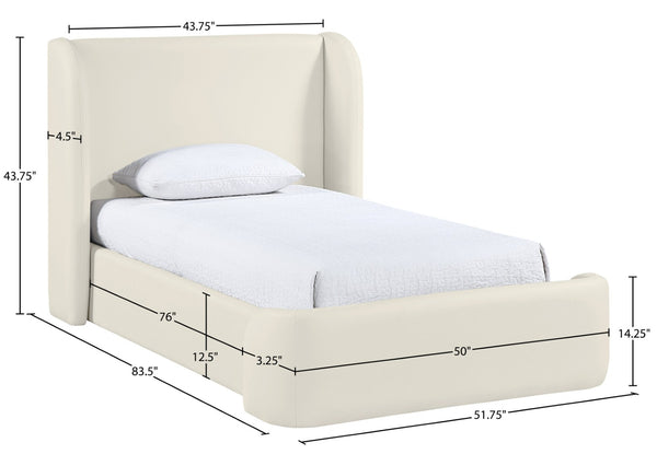 Meridian Furniture Warby Twin Platform Bed Winged Headboard Vegan Leather Upholstered Frame Modern Bedroom Cream WarbyCream-T