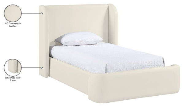 Meridian Furniture Warby Twin Platform Bed Winged Headboard Vegan Leather Upholstered Frame Modern Bedroom Cream WarbyCream-T