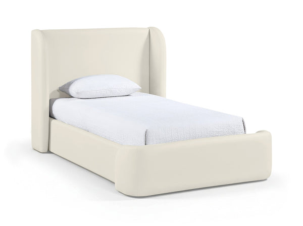 Meridian Furniture Warby Twin Platform Bed Winged Headboard Vegan Leather Upholstered Frame Modern Bedroom Cream WarbyCream-T