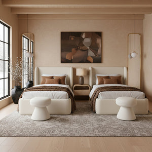 Meridian Furniture Warby Twin Platform Bed Winged Headboard Vegan Leather Upholstered Frame Modern Bedroom Cream WarbyCream-T