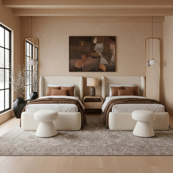 Meridian Furniture Warby Twin Platform Bed Winged Headboard Vegan Leather Upholstered Frame Modern Bedroom Cream WarbyCream-T