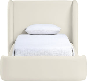 Meridian Furniture Warby Twin Platform Bed Winged Headboard Vegan Leather Upholstered Frame Modern Bedroom Cream WarbyCream-T