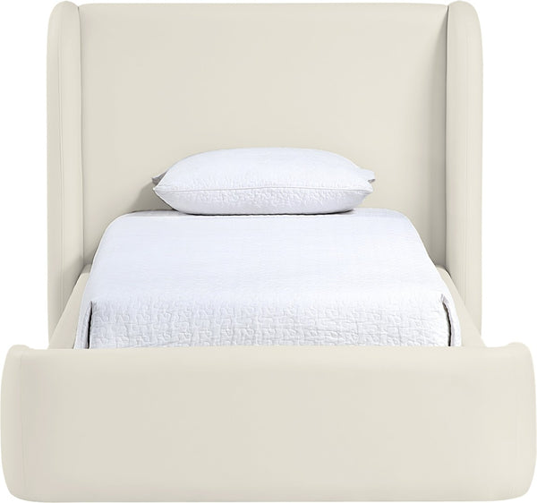 Meridian Furniture Warby Twin Platform Bed Winged Headboard Vegan Leather Upholstered Frame Modern Bedroom Cream WarbyCream-T