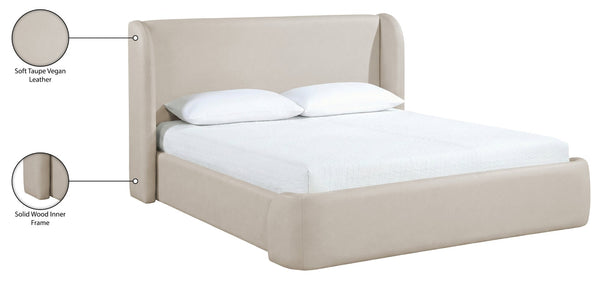 Meridian Furniture Warby Winged Headboard Vegan Leather Platform Full Bed for Modern Contemporary Bedrooms Taupe WarbyTaupe-F