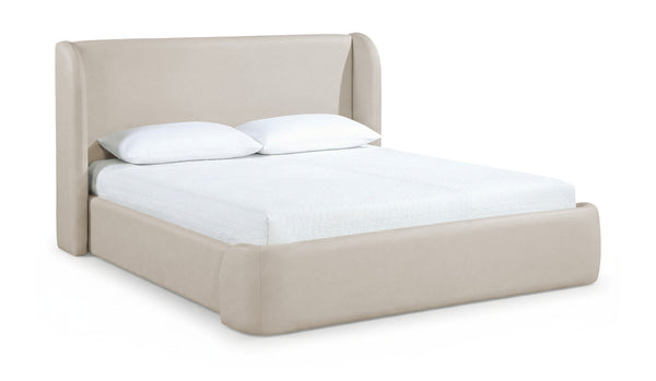 Meridian Furniture Warby Queen Platform Bed Winged Headboard Vegan Leather Upholstered Modern Bedroom Frame Taupe WarbyTaupe-Q