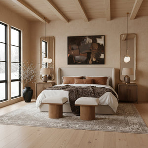 Meridian Furniture Warby Queen Platform Bed Winged Headboard Vegan Leather Upholstered Modern Bedroom Frame Taupe WarbyTaupe-Q