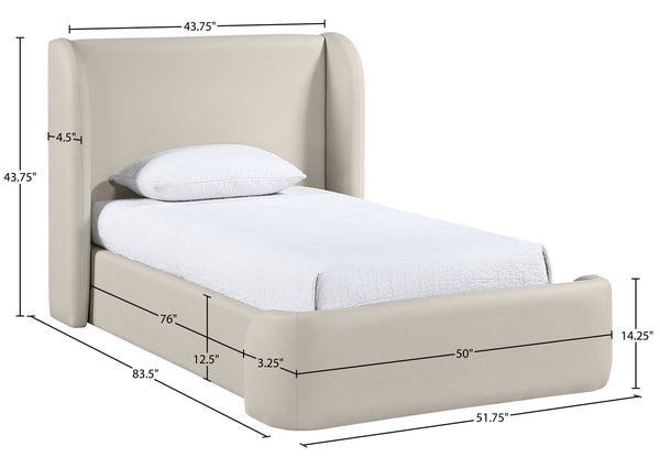 Meridian Furniture Warby Twin Platform Bed Winged Headboard Vegan Leather Upholstered Frame Modern Bedroom Taupe WarbyTaupe-T