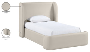 Meridian Furniture Warby Twin Platform Bed Winged Headboard Vegan Leather Upholstered Frame Modern Bedroom Taupe WarbyTaupe-T