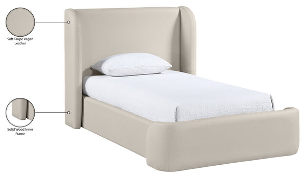 Meridian Furniture Warby Twin Platform Bed Winged Headboard Vegan Leather Upholstered Frame Modern Bedroom Taupe WarbyTaupe-T