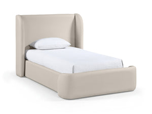 Meridian Furniture Warby Twin Platform Bed Winged Headboard Vegan Leather Upholstered Frame Modern Bedroom Taupe WarbyTaupe-T
