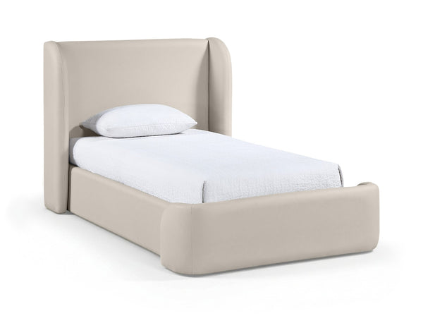 Meridian Furniture Warby Twin Platform Bed Winged Headboard Vegan Leather Upholstered Frame Modern Bedroom Taupe WarbyTaupe-T