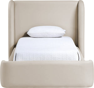 Meridian Furniture Warby Twin Platform Bed Winged Headboard Vegan Leather Upholstered Frame Modern Bedroom Taupe WarbyTaupe-T