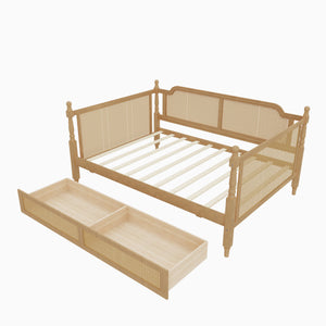 Traditional Rattan Woven Full Daybed with Pine Frame and Under Bed Storage Drawers