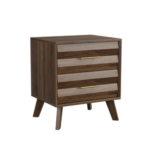 Walnut-Colored Two Drawer Nightstand with Pine Legs and Metal Hardware for Modern Bedrooms