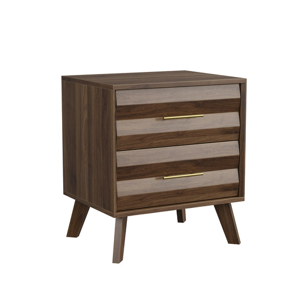 Walnut-Colored Two Drawer Nightstand with Pine Legs and Metal Hardware for Modern Bedrooms