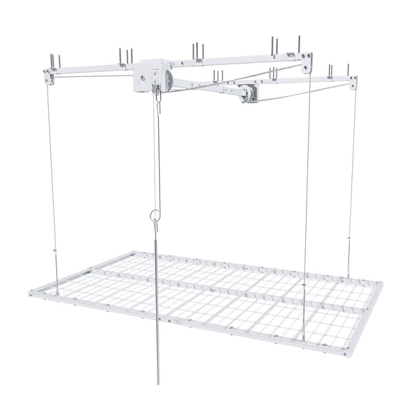 White Steel Overhead Garage Storage Rack with Crank Lift and Auto Safety Lock