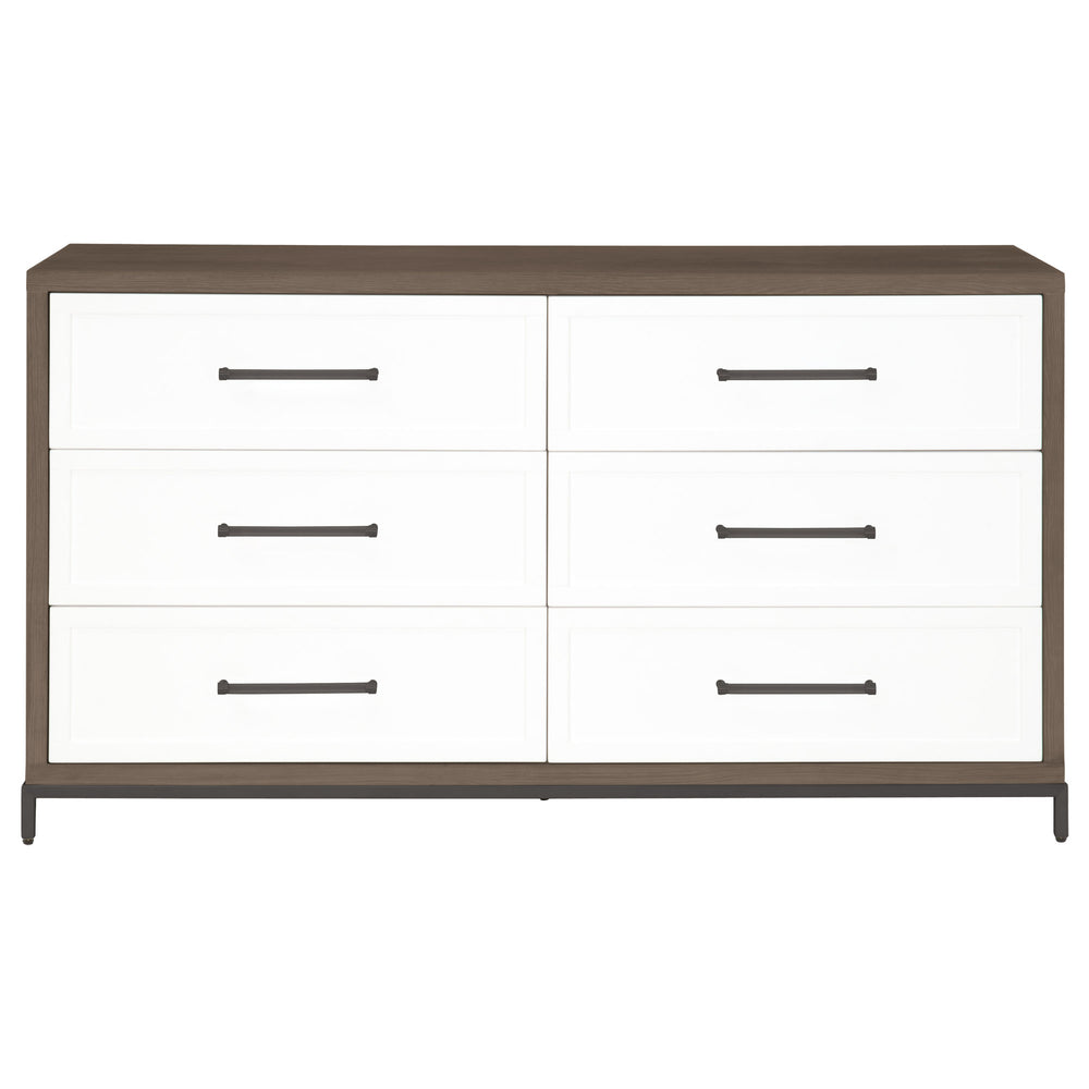 Essentials for Living Wrenn 6-Drawer Double Dresser Burnished Brown Acacia, Matte White, Antique Bronze