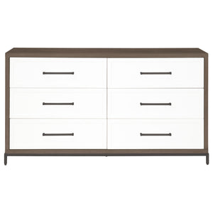 Essentials for Living Wrenn 6-Drawer Double Dresser Burnished Brown Acacia, Matte White, Antique Bronze