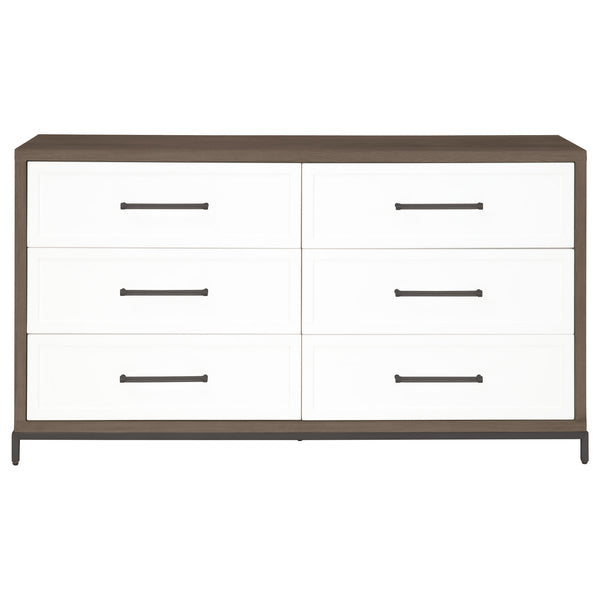 Essentials for Living Wrenn 6-Drawer Double Dresser Burnished Brown Acacia, Matte White, Antique Bronze