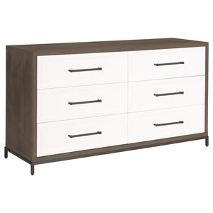 Essentials for Living Wrenn 6-Drawer Double Dresser Burnished Brown Acacia, Matte White, Antique Bronze