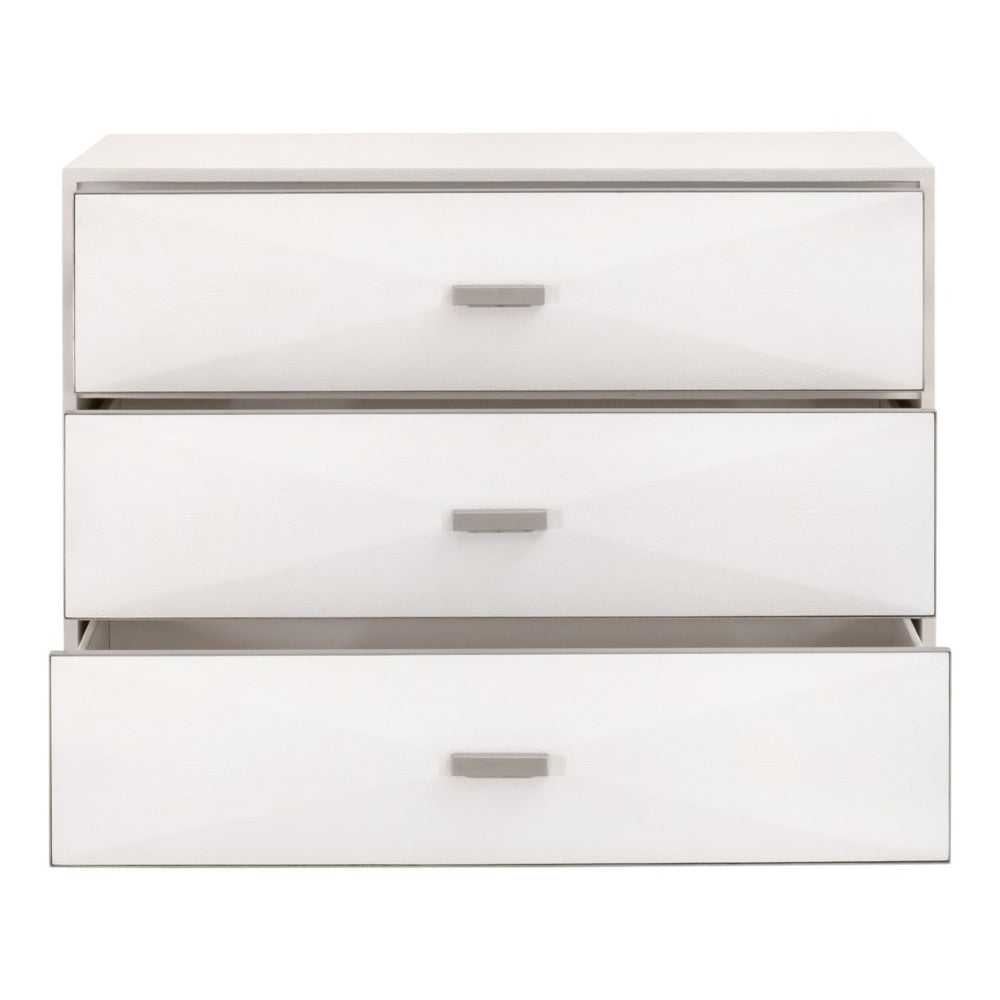 Essentials For Living Wynn Shagreen Nightstand With 3 Felt-lined Drawers, Pearl White Finish, Modern Transitional Design Pearl Shagreen,Brushed Stainless Steel Faux Shagreen Resin,Solid Rubberwood,Plywood,Mdf,Stainless Steel 6157.Prl-shg/Bstl