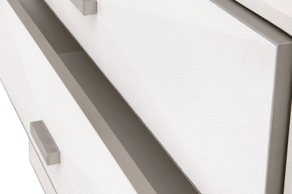 Essentials For Living Wynn Shagreen Nightstand With 3 Felt-lined Drawers, Pearl White Finish, Modern Transitional Design Pearl Shagreen,Brushed Stainless Steel Faux Shagreen Resin,Solid Rubberwood,Plywood,Mdf,Stainless Steel 6157.Prl-shg/Bstl