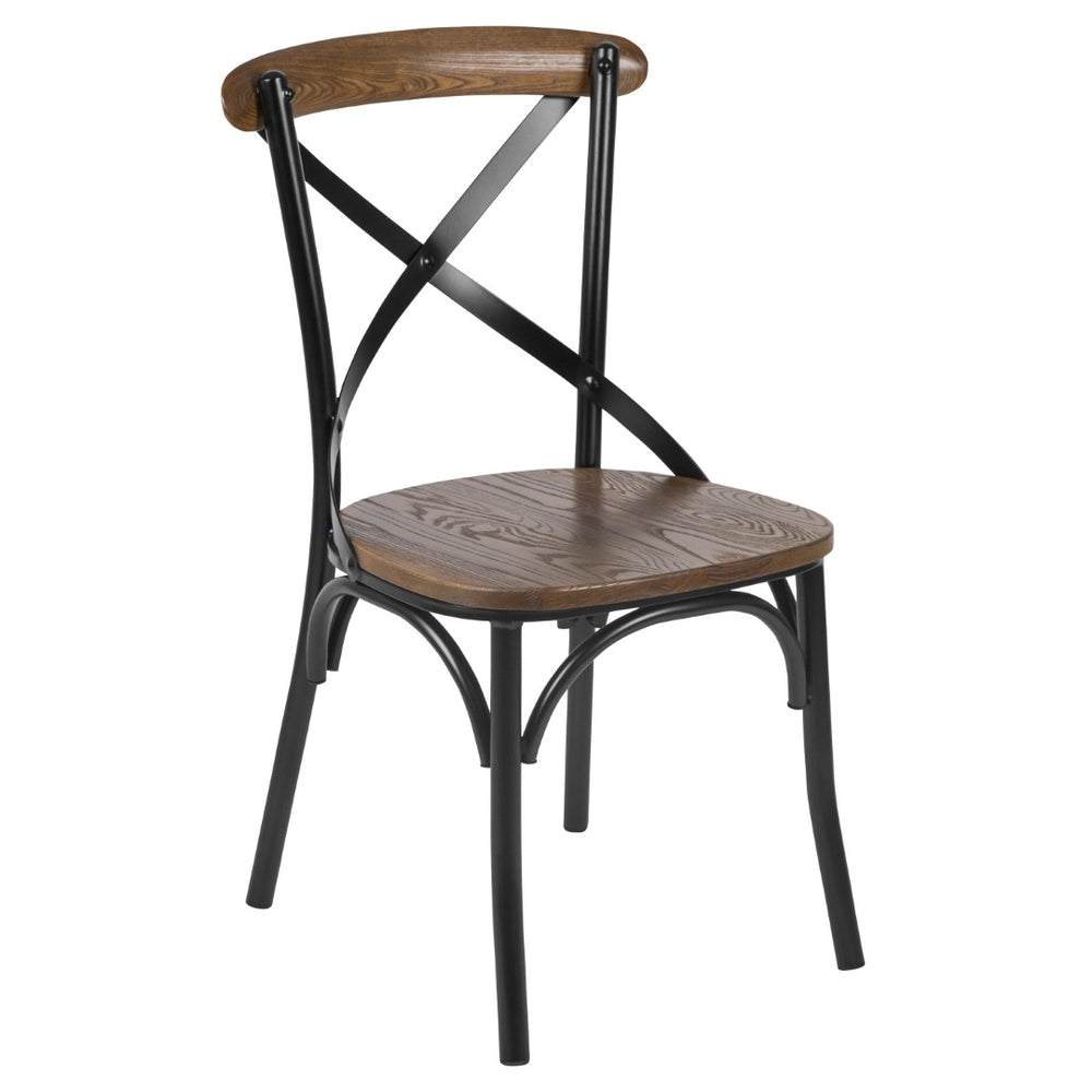 English Elm Advantage X-Back Chair – Sturdy Metal Frame with Fruitwood Seat for Rustic Dining & Event Spaces X-BACK-METAL-FW