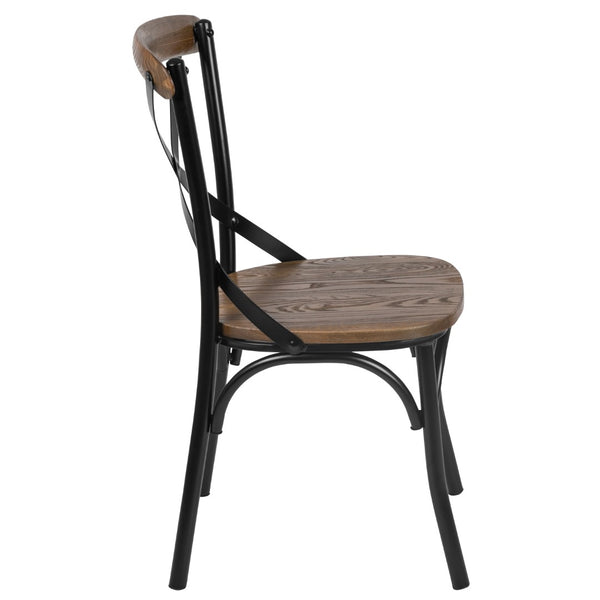 English Elm Advantage X-Back Chair – Sturdy Metal Frame with Fruitwood Seat for Rustic Dining & Event Spaces X-BACK-METAL-FW