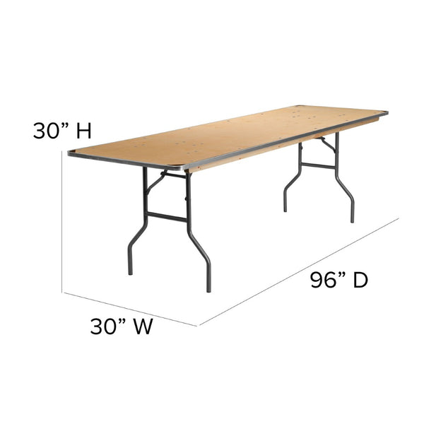 English Elm Fielder 8-Foot Heavy-Duty Birchwood Folding Banquet Table with Metal Edges for Events & Rentals XA-3096-BIRCH-M-GG
