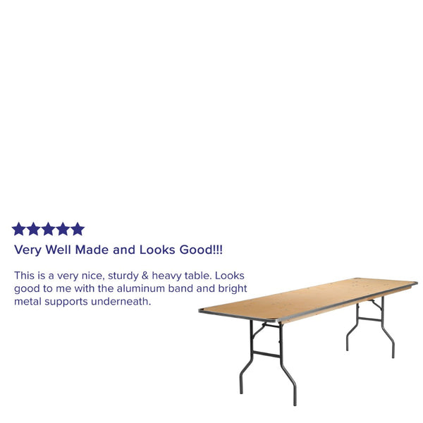 English Elm Fielder 8-Foot Heavy-Duty Birchwood Folding Banquet Table with Metal Edges for Events & Rentals XA-3096-BIRCH-M-GG