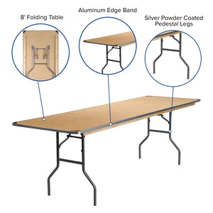 English Elm Fielder 8-Foot Heavy-Duty Birchwood Folding Banquet Table with Metal Edges for Events & Rentals XA-3096-BIRCH-M-GG