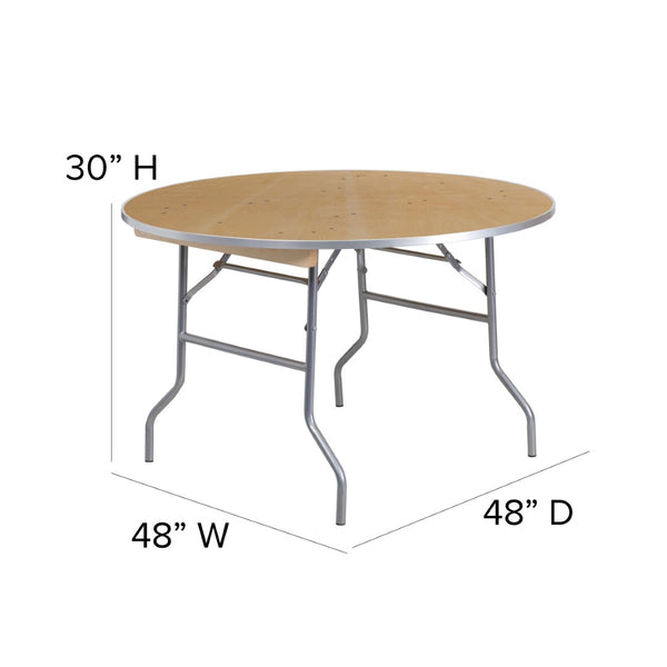 English Elm Fielder 48-Inch Round Heavy-Duty Birchwood Folding Table with Metal Edges for Events & Gatherings XA-48-BIRCH-M-GG