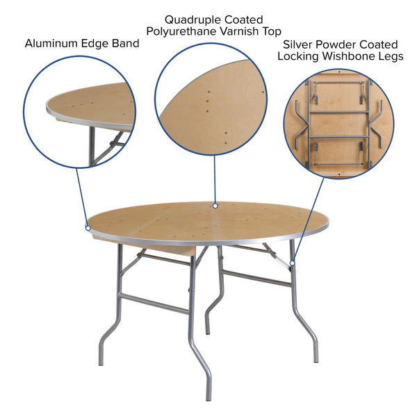 English Elm Fielder 48-Inch Round Heavy-Duty Birchwood Folding Table with Metal Edges for Events & Gatherings XA-48-BIRCH-M-GG